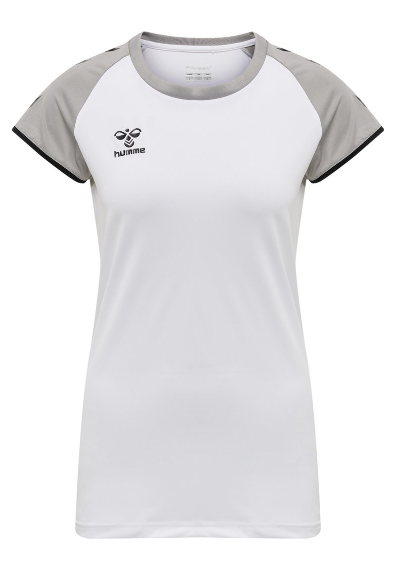Hvid atletisk t-shirt med grå raglan ærmer, sort kant og et lille sort logo på brystet. Glat stof, rund hals.