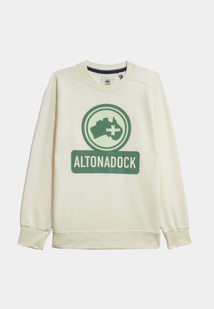 Sudadera color crema hecha de material suave, con un gran logo verde que incluye el contorno de un mapa y el texto "ALTONADOCK" en negrita.