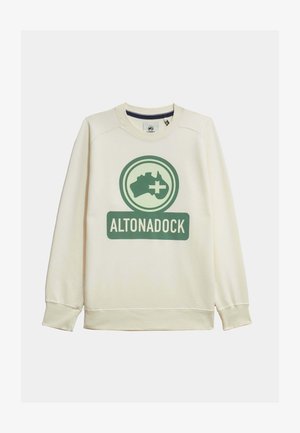 Sudadera color crema hecha de material suave, con un gran logo verde que incluye el contorno de un mapa y el texto "ALTONADOCK" en negrita.