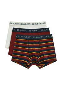 Drei Paare Herrenboxershorts: weiß, burgunderrot und navy mit rot-gelben Streifen. Jedes Paar hat einen GANT-Logo-Gummibund. Aus Baumwolle gefertigt.