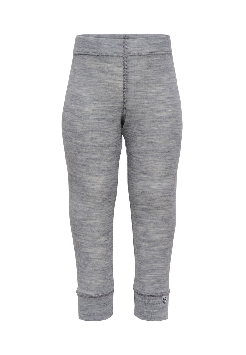 Grå cropped leggings gjorda av mjukt, texturerat tyg med ett subtilt melerat mönster; har en slät midja och sömmar.