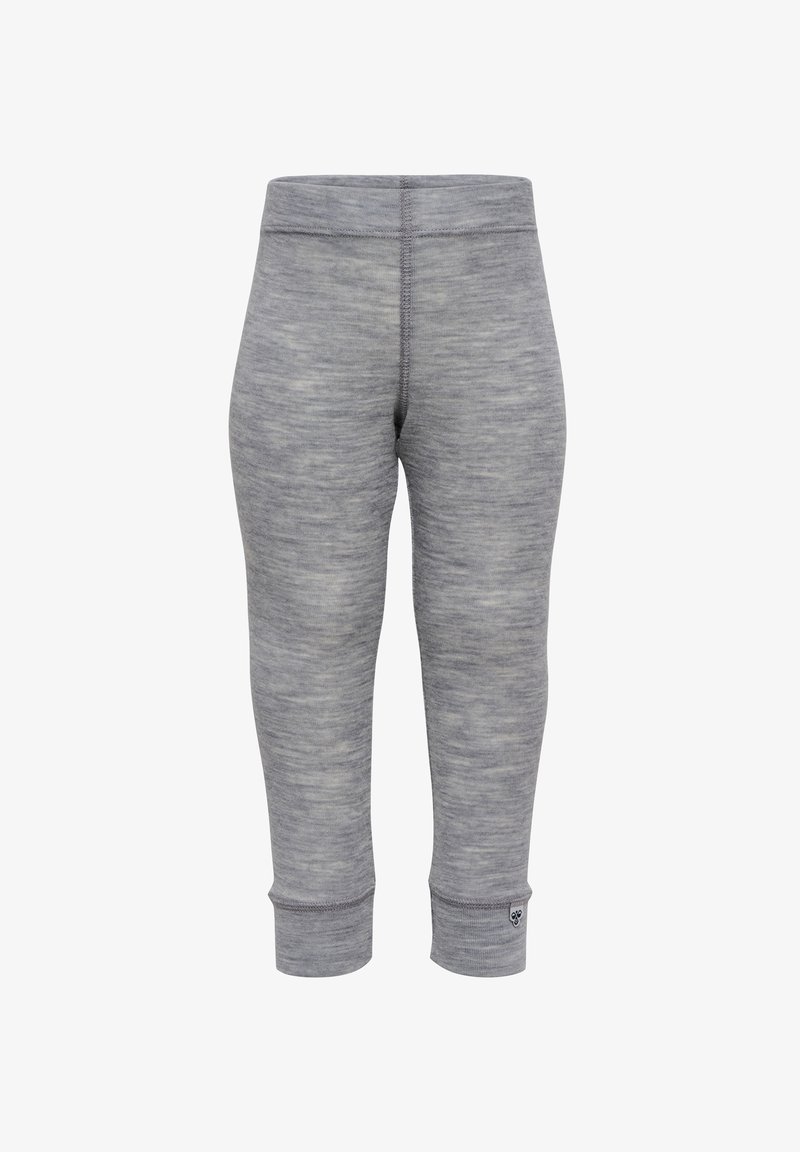 Grå cropped leggings gjorda av mjukt, texturerat tyg med ett subtilt melerat mönster; har en slät midja och sömmar.