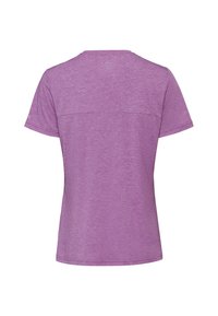 T-shirt violet à manches courtes avec col rond vu de dos, avec un détail de couture horizontale sur la partie supérieure du dos.
