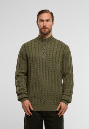 Strickpullover in Olivgrün, mit Kabelmuster, hohem Kragen und vier dunklen Knöpfen. Gerippte Bündchen und Saum, texturiertes Material.