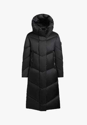 Long black puffer coat with a chevron pattern, hooded neckline, and zippered pockets on the sides. Smooth, shiny texture.