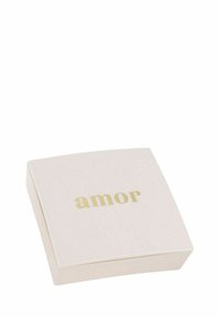 Square blush pink box with "amor" printed in gold text on the top, featuring a smooth texture and rounded corners.