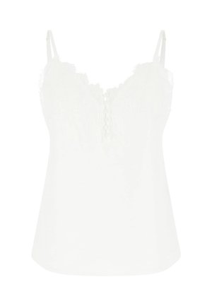 Weißes ärmelloses Oberteil mit verstellbaren dünnen Trägern, Spitzenbesatz entlang des Ausschnitts und dekorativen Knöpfen vorne in der Mitte.
