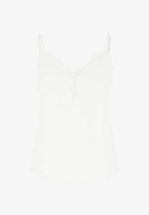 Weißes ärmelloses Oberteil mit verstellbaren dünnen Trägern, Spitzenbesatz entlang des Ausschnitts und dekorativen Knöpfen vorne in der Mitte.