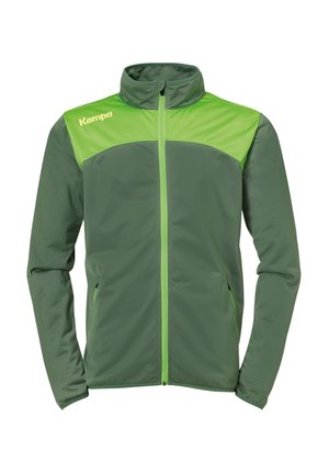 Grüne Jacke mit einem kontrastierenden hellgrünen oberen Abschnitt. Sie verfügt über einen durchgehenden Reißverschluss, einen hohen Kragen und einen glatten Stoff mit seitlichen Taschen.