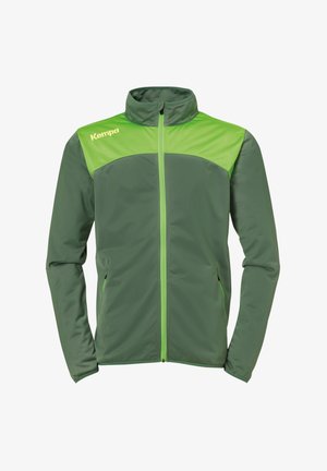 Grüne Jacke mit einem kontrastierenden hellgrünen oberen Abschnitt. Sie verfügt über einen durchgehenden Reißverschluss, einen hohen Kragen und einen glatten Stoff mit seitlichen Taschen.