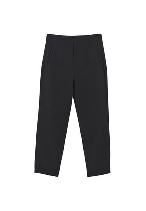 Zwarte broek met een rechte snit, voorzien van voorplooien en zijzakken, gemaakt van een gladde stof met een getailleerde afwerking.