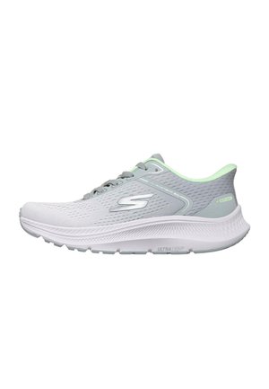 Zapatilla deportiva gris claro con forro interior verde menta, suela blanca gruesa y logo de Skechers en el lateral.