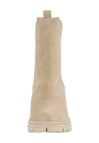 Botte beige mi-mollet avec bout arrondi, languette de tirage en haut et semelle épaisse avec bande de roulement pour une bonne adhérence, vue de face.