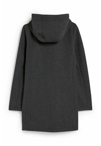 Cappotto di lana grigio con cappuccio, design a taglio dritto e maniche lunghe. Dettagli di cuciture evidenti e texture liscia. Vista posteriore mostrata.