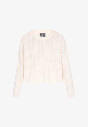 Witte, korte gebreide trui met een kabelpatroon, ronde halslijn en lange mouwen met ribbels aan de manchetten en onderkant.