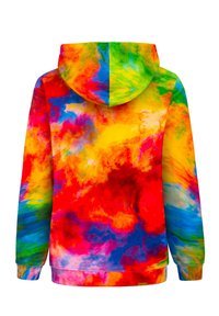 Colorful hoodie featuring a swirling design in red, yellow, green, blue, and purple. Made from soft fabric with a front kangaroo pocket and a hood.