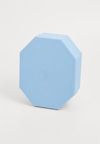 Blue, octagonal box with a textured surface and embossed logo. Made of sturdy material, it features smooth edges and a flat top.