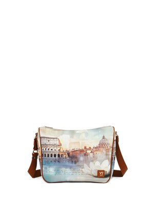 Borsa a tracolla con cinghia marrone con stampa ad acquerello del Colosseo, della Basilica di San Pietro e di un fiore di loto bianco.