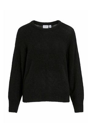 Suéter negro de punto con un corte relajado, cuello redondo y mangas largas. La tela texturizada parece suave y ligeramente borrosa.