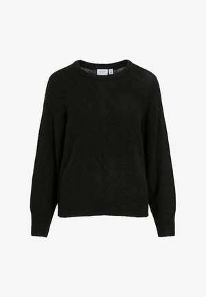 Pull en tricot noir avec une coupe décontractée, col ras du cou et manches longues. Le tissu texturé semble doux et légèrement duveteux.