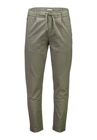 Pantalons verts olive en tissu doux, dotés d'une taille élastique avec cordon de serrage, de poches latérales et de jambes fuselées.