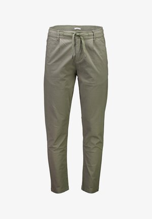 Olijfgroene broek van zachte stof, met een elastische tailleband met trekkoord, zijzakken en taps toelopende pijpen.