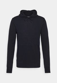 Marinblå huvtröja i mjukt tyg med dragsko i huvan, långa ärmar, framficka i kängurustil samt ribbade mudd och nederkant.