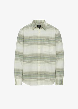 Light checkered button-up shirt in shades of green and blue. Made of a textured fabric with a left chest pocket and classic collar.