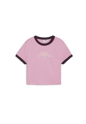 Rosa Baumwoll-T-Shirt mit kurzen Ärmeln, rundem dunklen Saum und "Youth United" Grafik in Weiß und Hellgrün. Glatte Textur, cropped Fit.