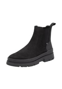 Bottines en suédine noire avec un panneau latéral texturé, bout rond, semelle en caoutchouc épaisse et une languette pour un enfilage facile.