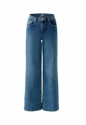 Hochtaillierte blaue Jeans mit weitem Bein, ausgestattet mit Fronttaschen, einem Knopfverschluss und minimalen Stickdetails.