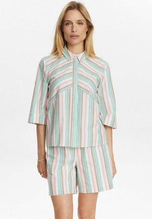 Set de cămașă cu mânecă scurtă și pantaloni scurți în culori pastelate, având dungi verticale de roz, albastru și bej. Design cu guler și fermoar.