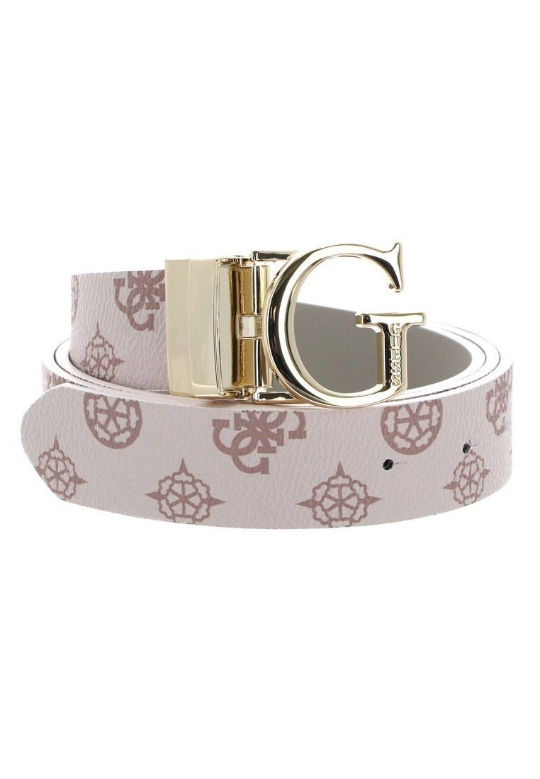 Cintura in pelle rosa con loghi decorativi, fibbia in metallo dorato con la lettera "G" in evidenza. Superficie testurizzata e vestibilità regolabile.