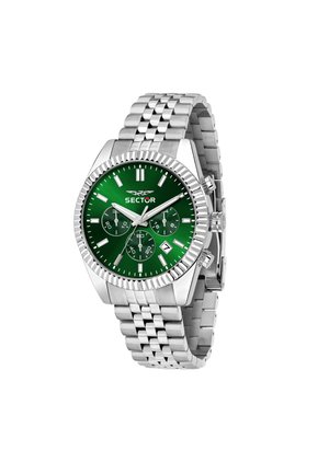 Orologio argento con quadrante verde, tre quadranti secondari, funzione data e una lunetta testurizzata. Caratterizzato da un bracciale in acciaio inossidabile e chiusura a fermo.