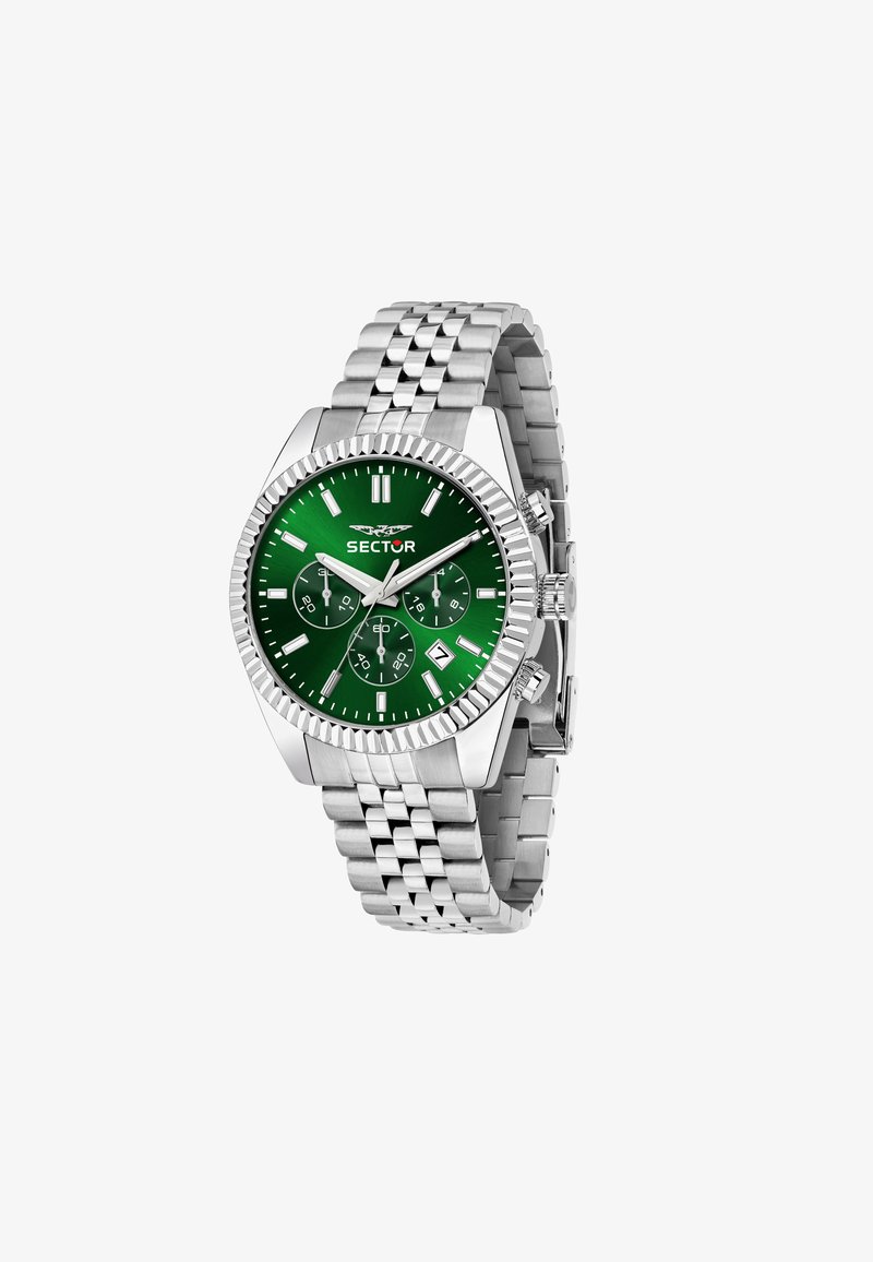 Orologio argento con quadrante verde, tre quadranti secondari, funzione data e una lunetta testurizzata. Caratterizzato da un bracciale in acciaio inossidabile e chiusura a fermo.