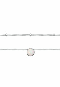 Silver chain bracelet featuring a round, iridescent opal centerpiece, accented by small silver beads along the chain.