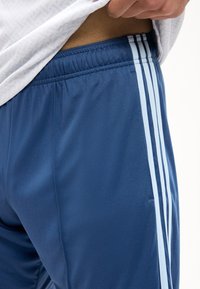 Άτομο που φοράει μπλε αθλητικό παντελόνι με ανοιχτόχρωμες μπλε ρίγες στο πλάι, σηκώνει λευκό πουκάμισο για να αποκαλύψει την περιοχή της μέσης.