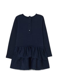 Marineblaue Langarm-Kleid für Kleinkinder mit drei Knöpfen am Rücken und einem mehrlagigen glitzernden Tüllrock.