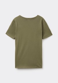 Olivově zelené bavlněné tričko s krátkými rukávy, kulatým výstřihem a volným střihem. Hladká textura, bez viditelných vzorů nebo kovových doplňků.