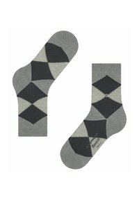 Graue Socken mit einem geometrischen Rautenmuster in Dunkelgrau und Hellgrau. Hergestellt aus weichem Material mit glatter Textur.