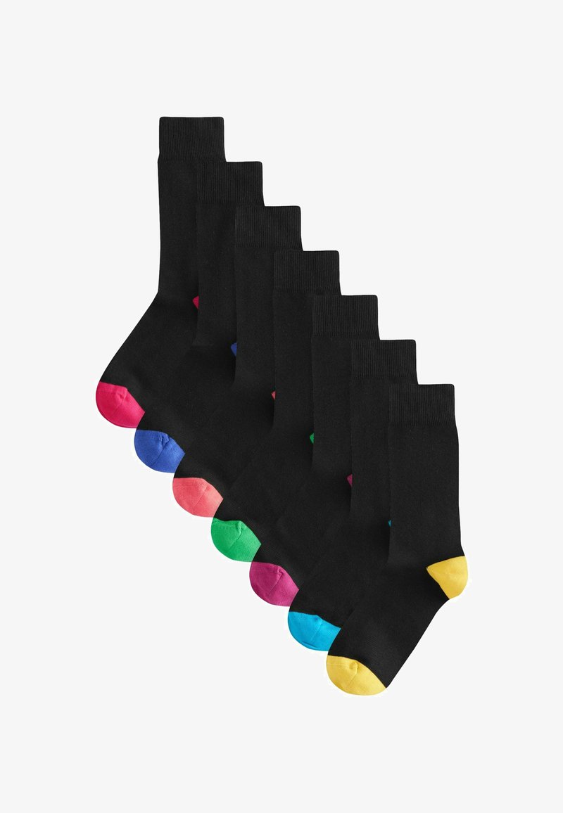 Sorte sokker med farvede tåspidser i pink, blå, grøn, lilla og gul. Materiale i bomuldsblanding, længde til anklerne, glat tekstur og ribbede mansjetter.