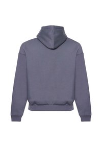 Grauer Kapuzenpullover mit entspannter Passform, weichem Material, gerippten Bündchen und Saum. Die Rückansicht zeigt die Kapuze und das nahtlose Design.