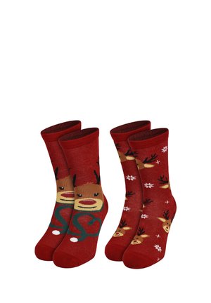 Rote Baumwollsocken mit Rentier-Motiven, Schneeflocken und einem Herzmuster. Enthält zwei Paare mit glatter Textur und elastischen Bündchen.