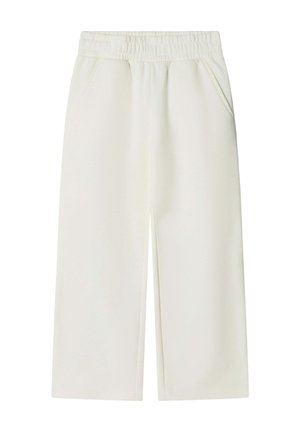 Witte broek met wijde pijpen, elastische tailleband en zijzakken, ontworpen voor een ontspannen en comfortabele pasvorm.