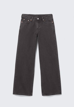 Plati juoda džinsinė medvilnė su variniais vinutėmis, penkiomis kišenėmis ir sagos užsegimu. Minkšta, tvirta tekstūra, tiesus kirpimas nuo juosmens iki apačios.