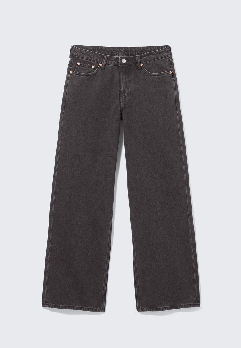 Jean en denim noir à jambes larges avec rivets en cuivre, cinq poches et fermeture par boutons. Texture douce et robuste, coupe droite de la taille à l'ourlet.