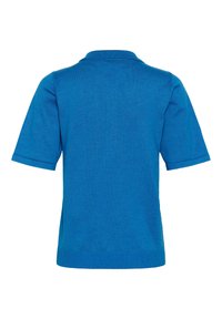Polo en maille bleu à manches courtes avec ourlet et col côtelés, vu de dos sur fond blanc.