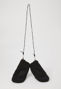 Pair of black fuzzy mittens connected by a long, thin black cord with gold-tone clasps on a white background.