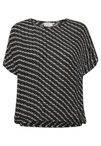 Blouse noire à manches courtes avec motif répétitif de flamants roses blancs, col rond et coupe décontractée.