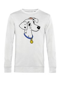 Sudadera blanca con la cara de un perro de dibujos animados, con manchas negras, collar azul y etiqueta dorada. Material suave y corte estándar con mangas largas.